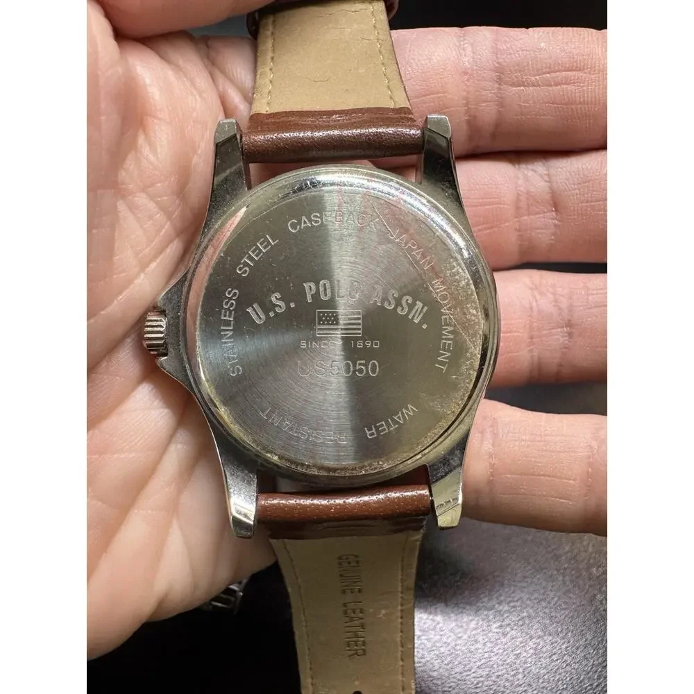 Lot of 2 US Polo Assn Men's Watches Genuine Brown Leather US 5050, US 8206 WORKS